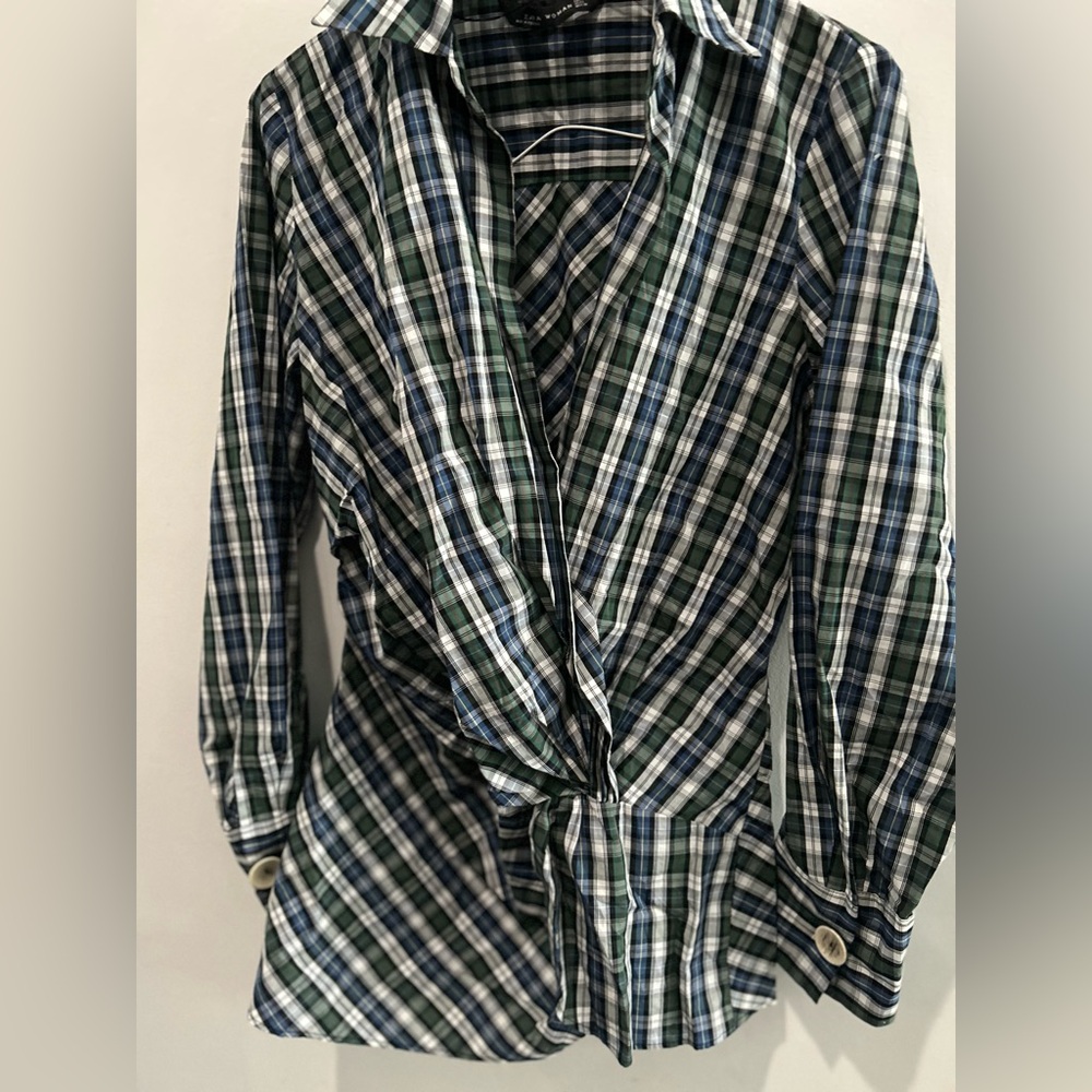 ZARA Woman Plaid Wrap Top Green Blue V-Neck Collared Tunic Blouse Long Sleeve L - Picture 5 of 5